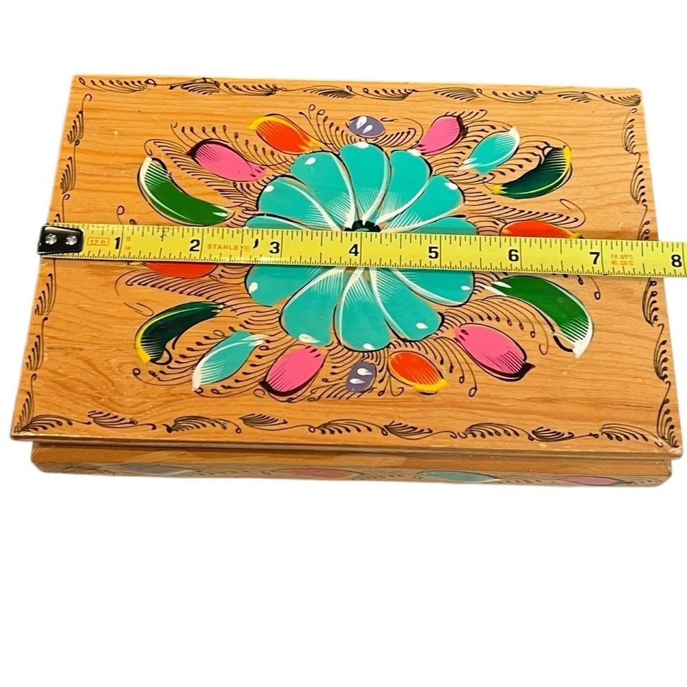 Vintage Wooden Jewelry Trinket Box Hand-painted Mexico Boho